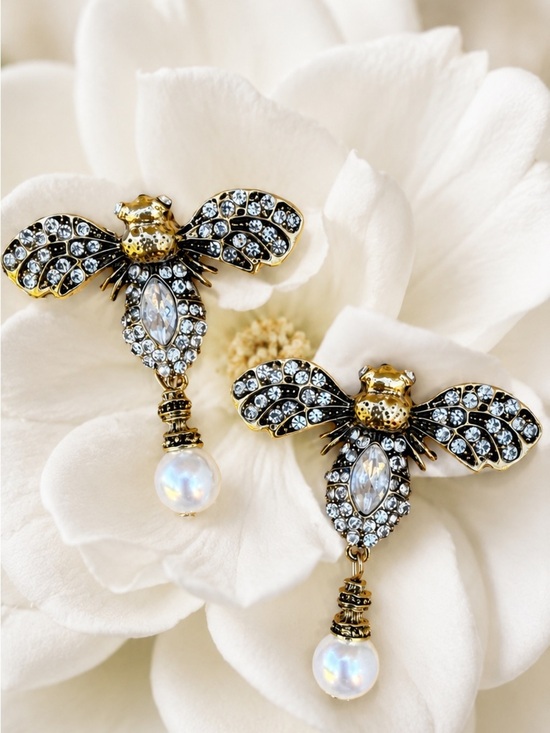 Jewelry - Gold Crystal Bee Drop Earrings with Pearl Dangle